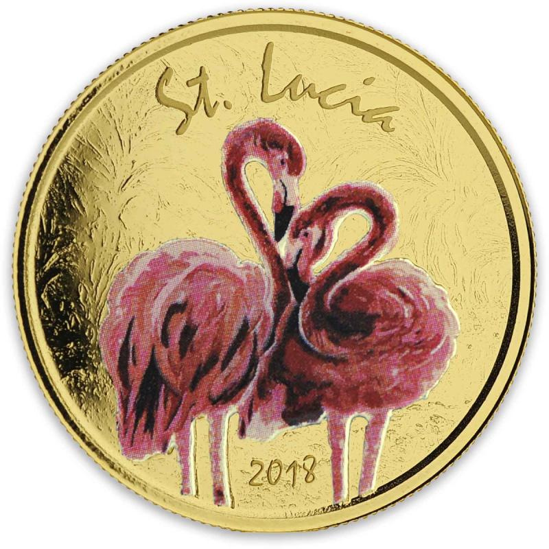 1 unce zlatá mince EC8 St. Lucia - Flamingo 2018 coloriert