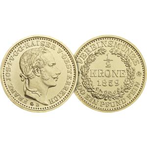 Zlatá medaila - Kremnické razby Františka Jozefa - spolková 1/2 koruna 1859