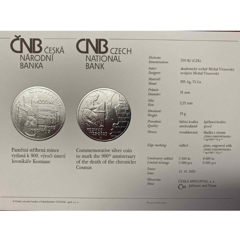 2025 PSM 200Kč 900.výročí úmrtí kronikář Kosmas B.K.